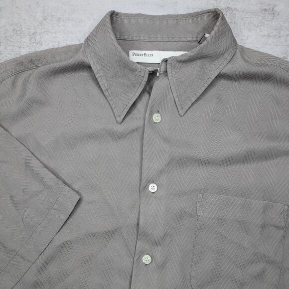 Perry Ellis Men's Silk Short Sleeve Button Down - Medium Gray Herringbone - Picture 1 of 5
